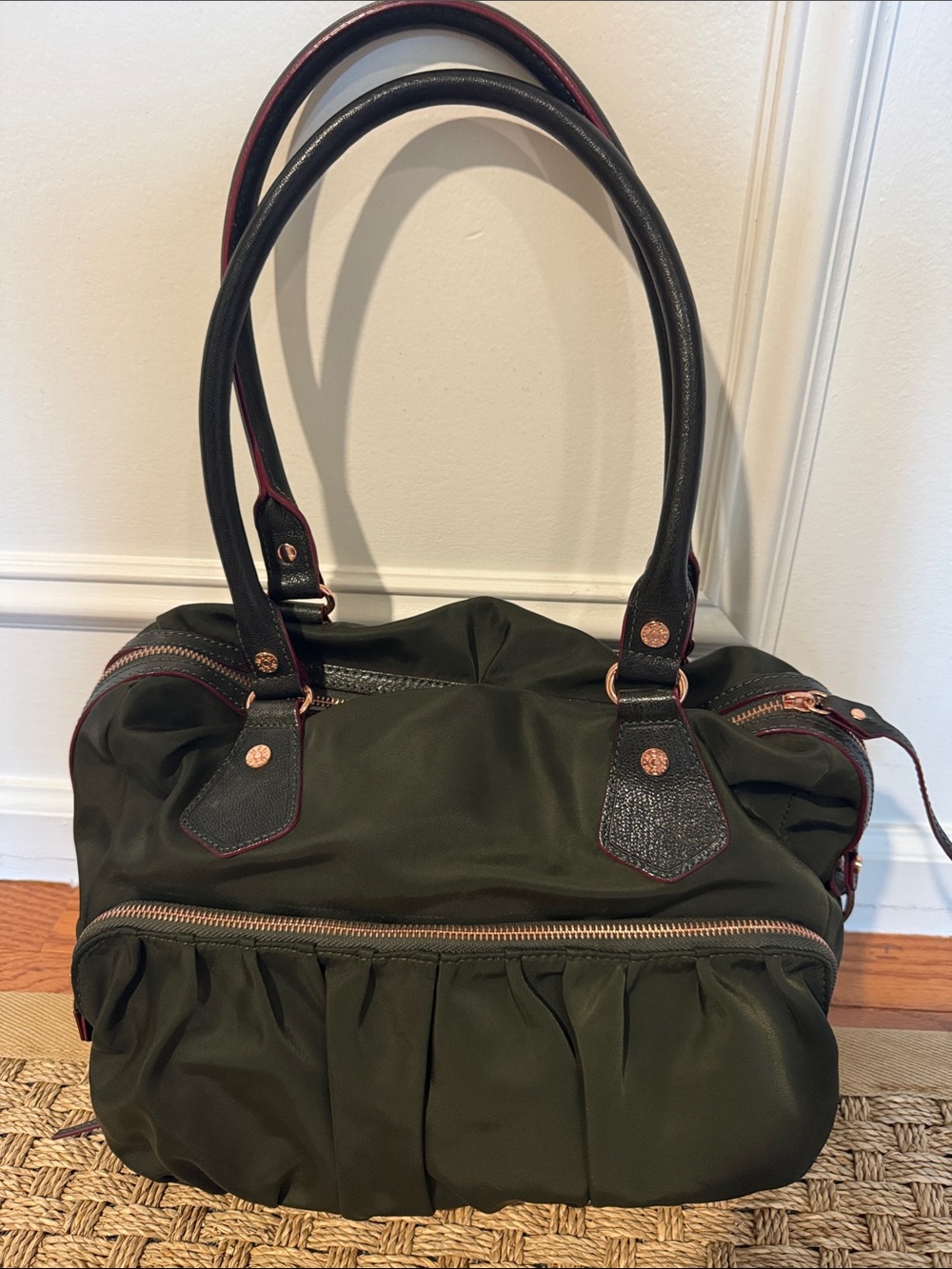 MZ Wallace Olive Green Nylon Tote Bag with red accent and rose gold hardware